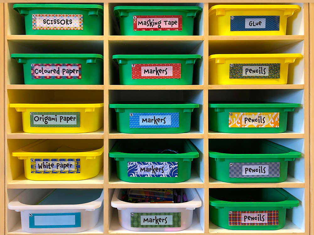 Custom labels organized for Maker materials